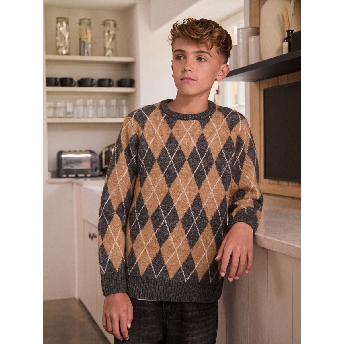Pull ras du cou en maille argyle gris anthracite/brun clair, NEXT