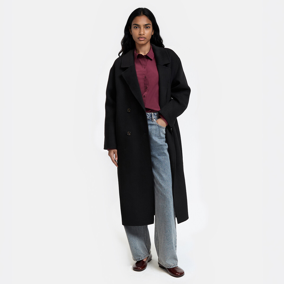 Abrigo oversize cruzado de confección artesanal en mezcla de lana negro, LA REDOUTE COLLECTIONS