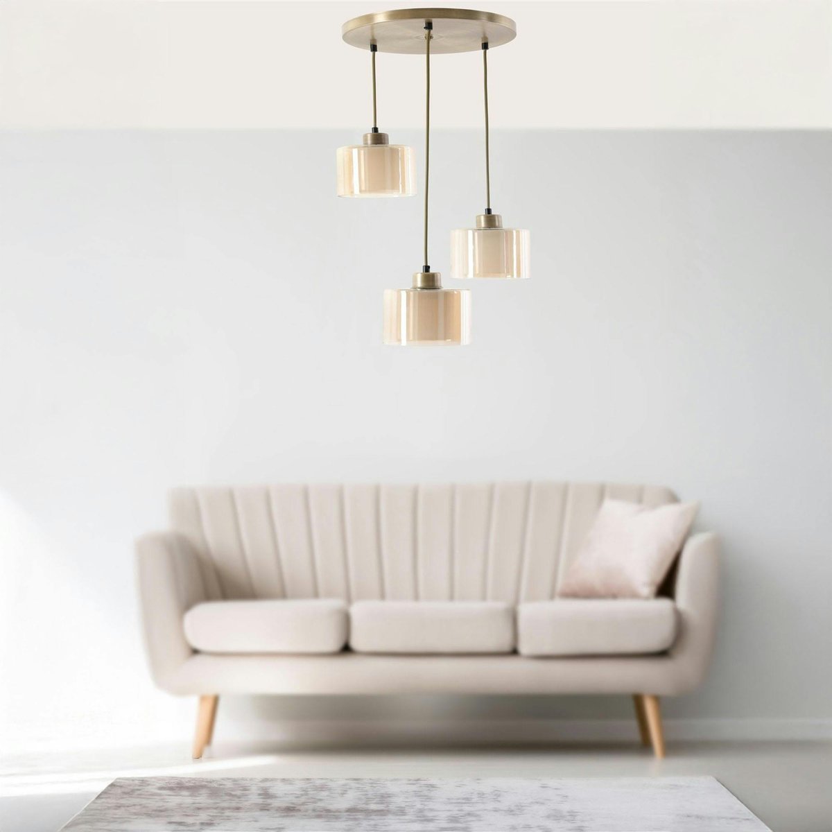 Suspension moderne en verre ivoire 3 abat-jour SIDE doré, PIER IMPORT