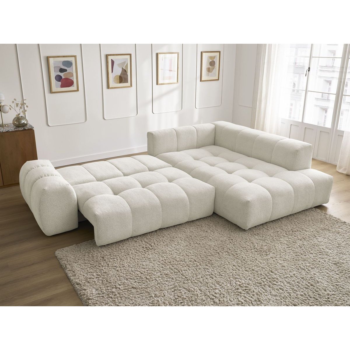 Canapé d'angle convertible 3 places en tissu chiné, EVEREST blanc, BOBOCHIC