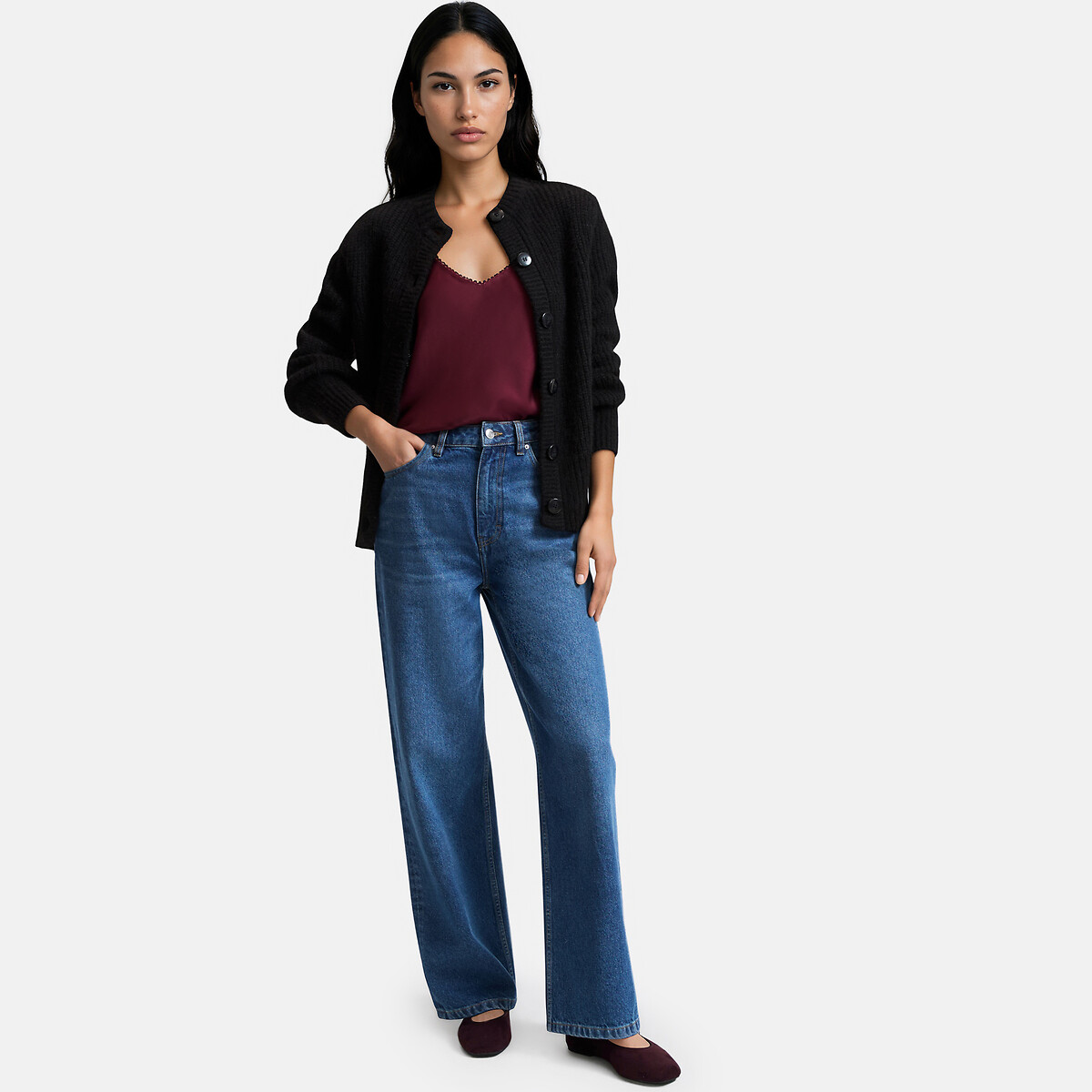 Satin V-Neck Vest Top with Shoestring Straps burgundy, LA REDOUTE COLLECTIONS