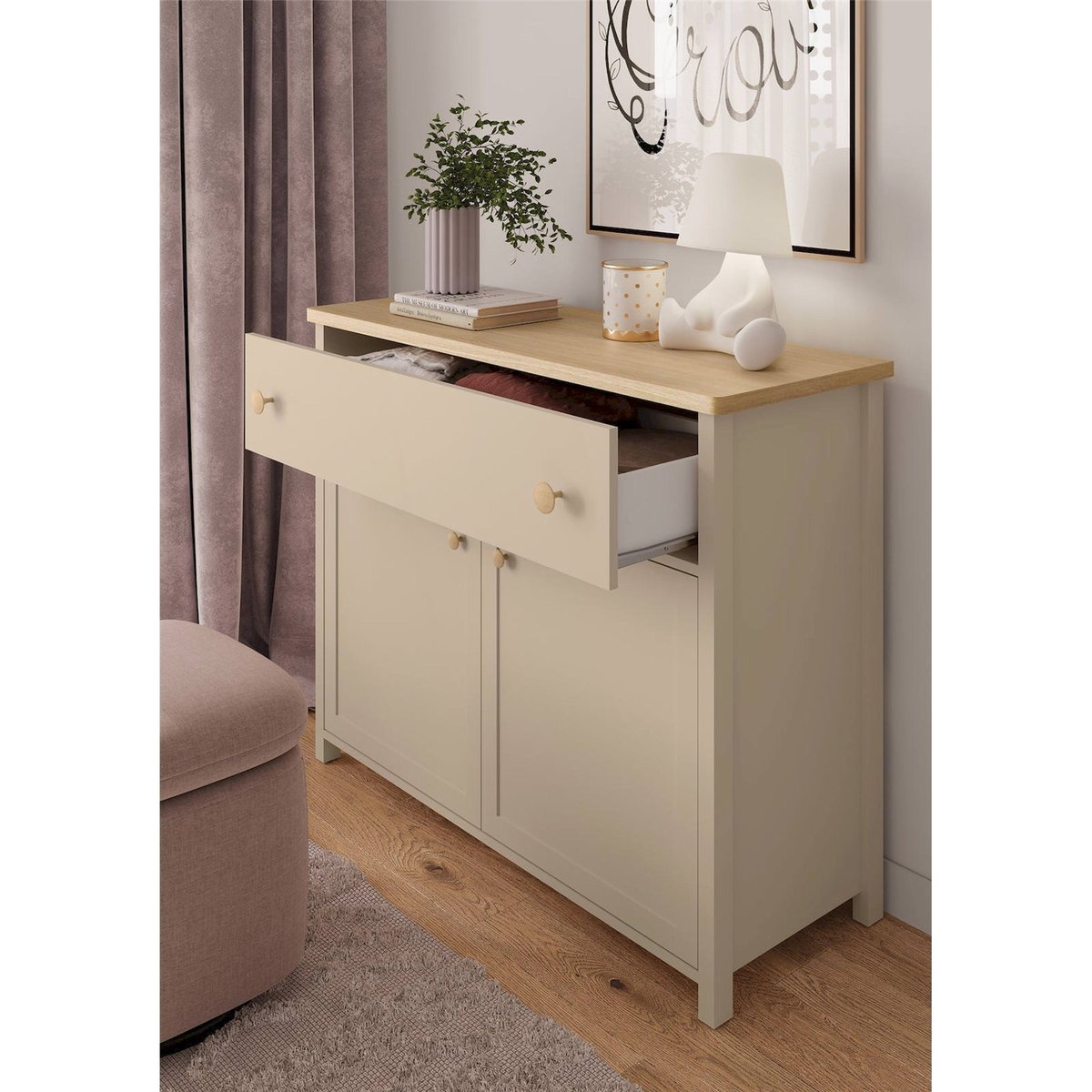 Commode enfant 2 portes 1 tiroir collection STORY beige sable et chêne blanchi, RECOLLECTION