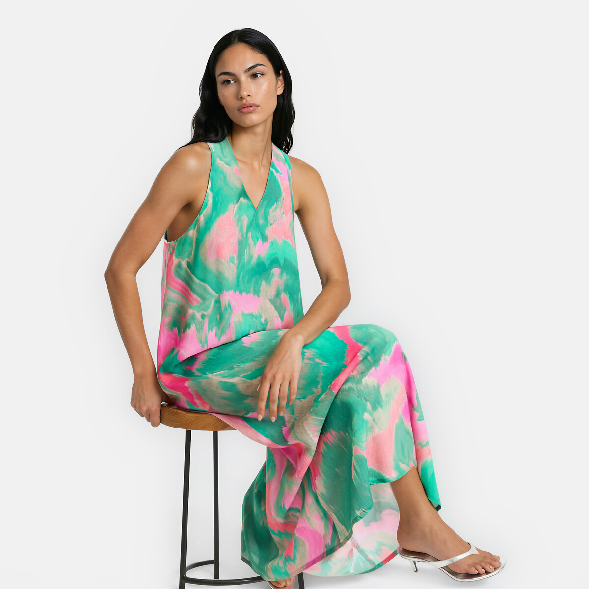 Robe longue sans manches col V imprimé graphique imprimé vert/rose, LA REDOUTE COLLECTIONS