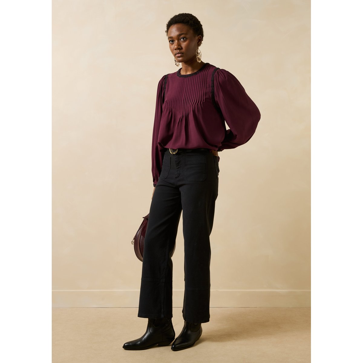 Top plissé manches longues bordeaux / noir, LA FEE MARABOUTEE