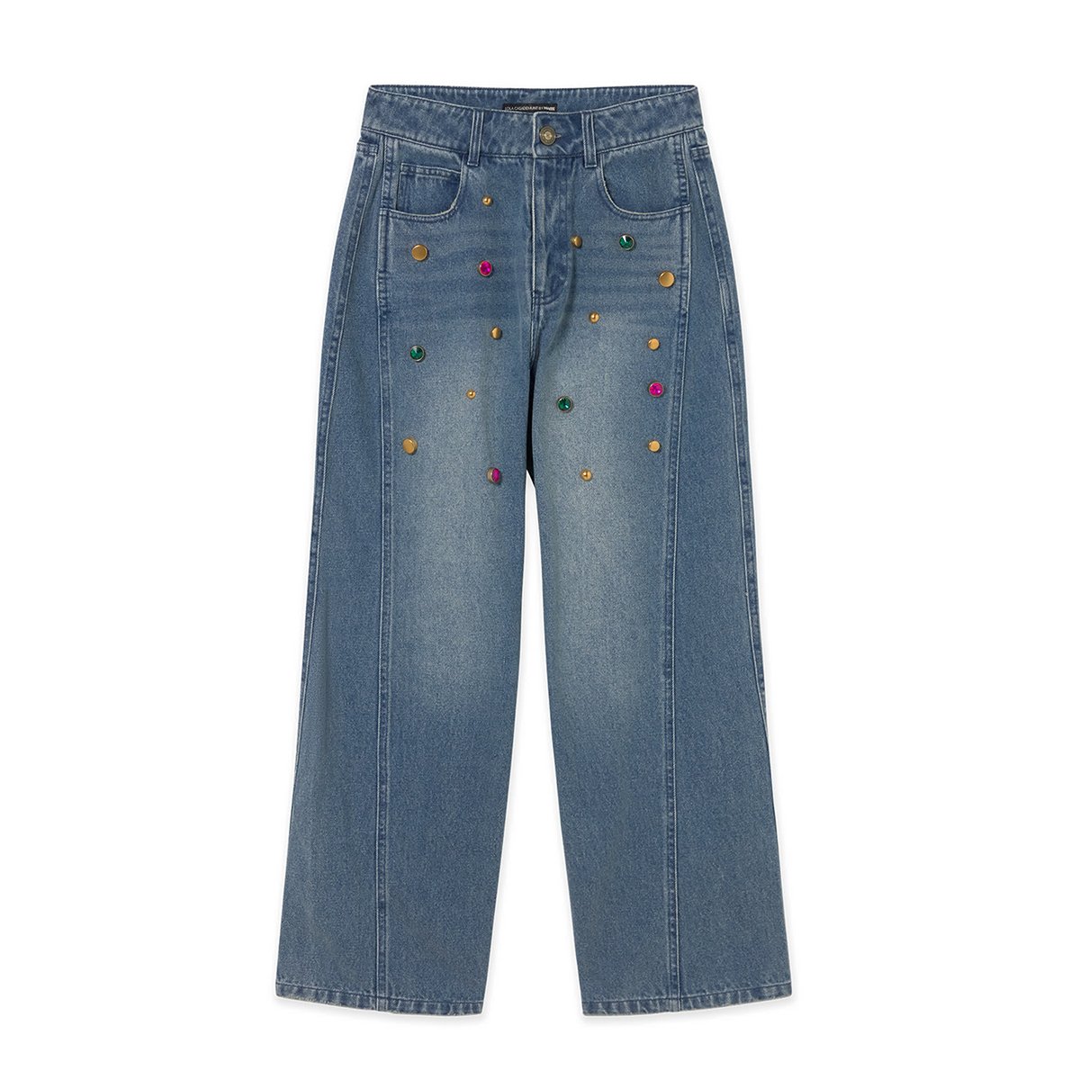Jean droit orné de clous et pierres colorés denim bleu, LOLA CASADEMUNT