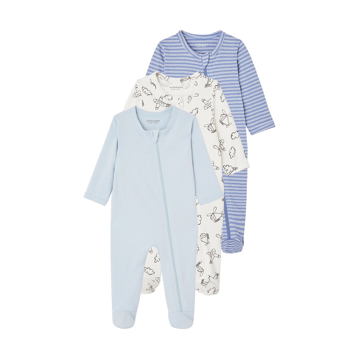 Lot de 3 pyjamas en jersey ouverture zippée BASICS bleu chambray, VERTBAUDET