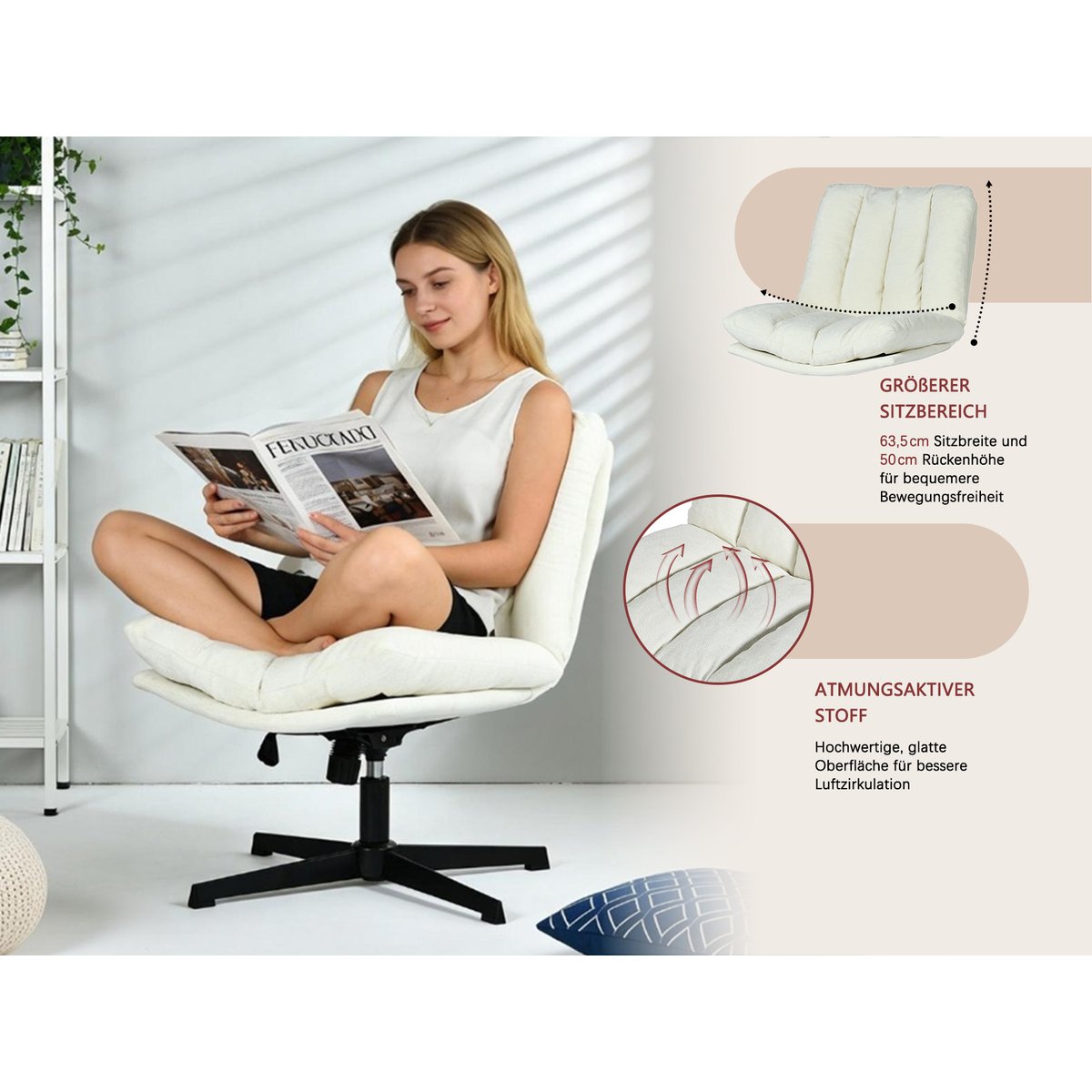 Chaise de bureau réglable et rotatif en chenille, CONFODO beige, MEUBLES COSY