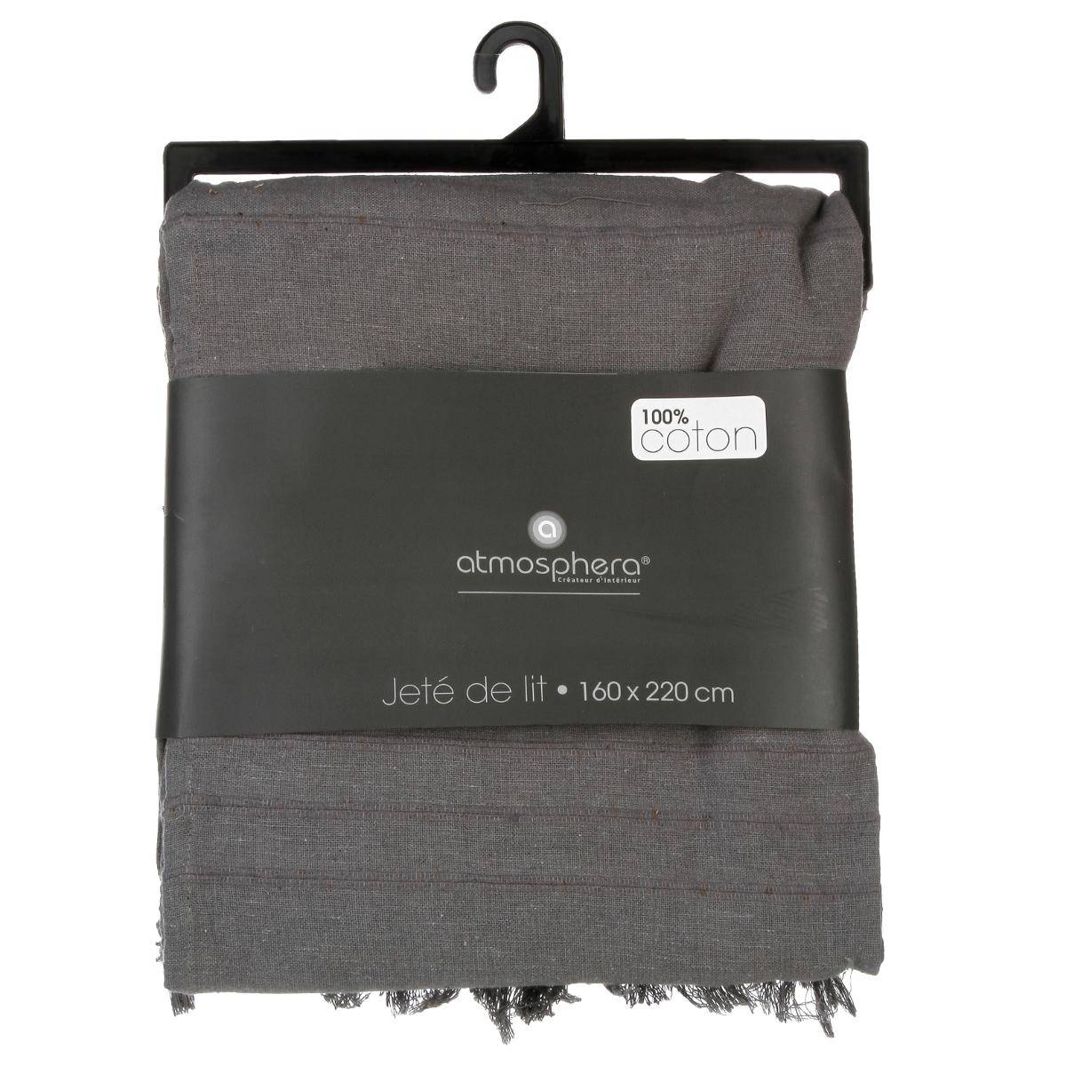 Jeté de lit en coton à franges ANJALI gris, ATMOSPHERA
