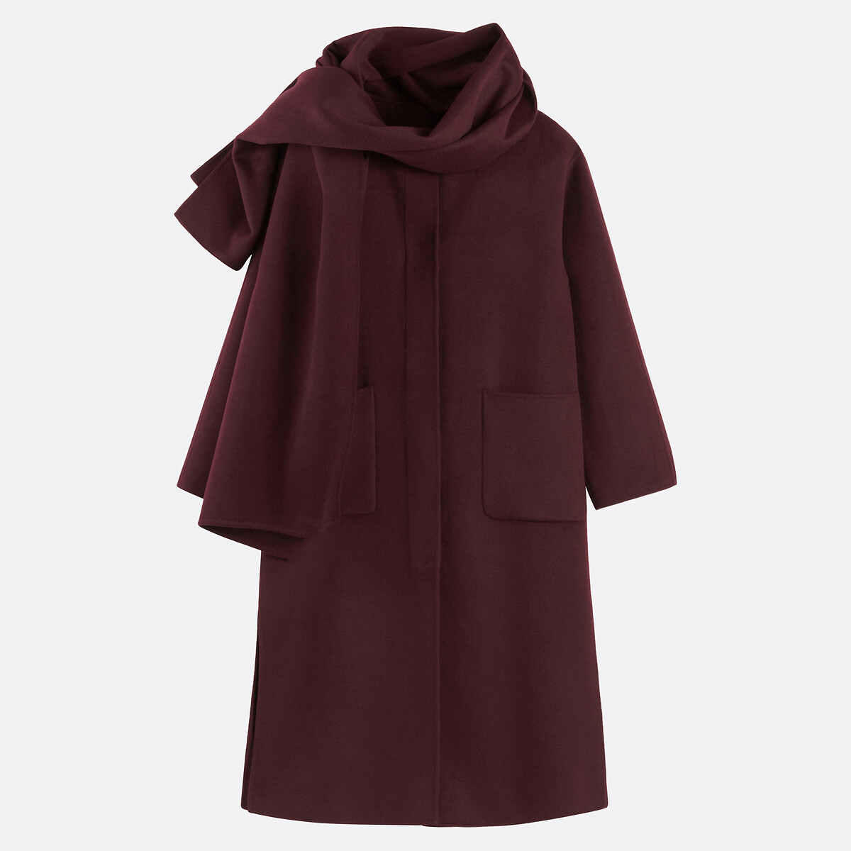 Long Buttoned Coat with Removable Scarf burgundy red, LA REDOUTE COLLECTIONS