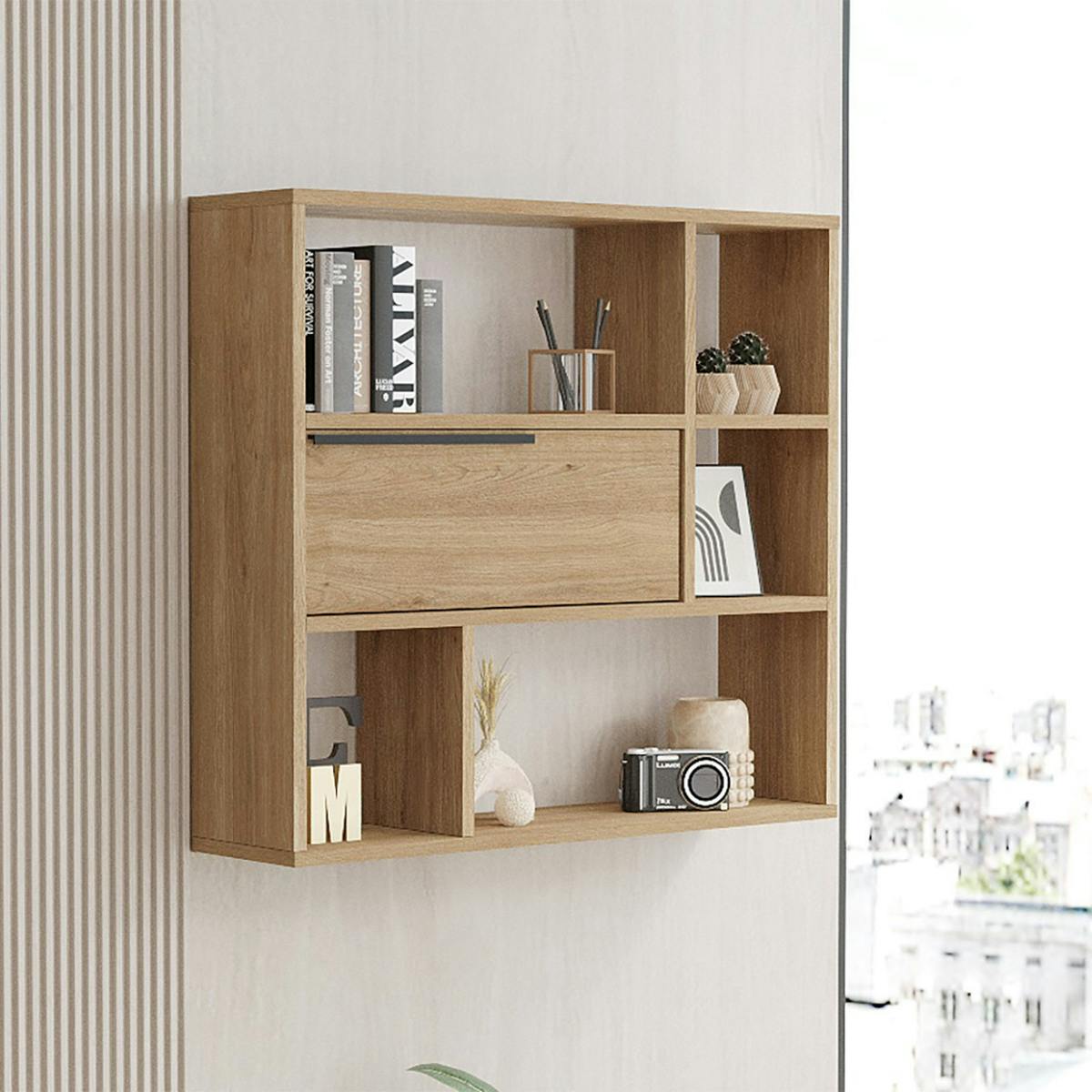 Etagère murale 5 niches, 1 porte MARFA chêne, PIER IMPORT
