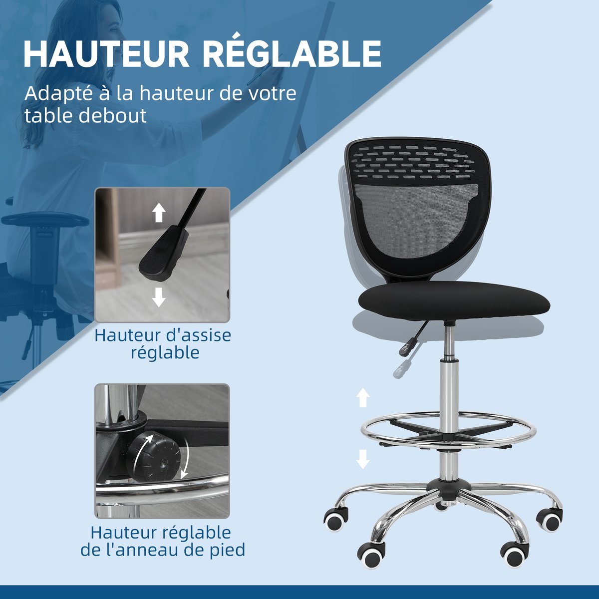 Chaise de bureau pour poste de travail debout noir, HOMCOM
