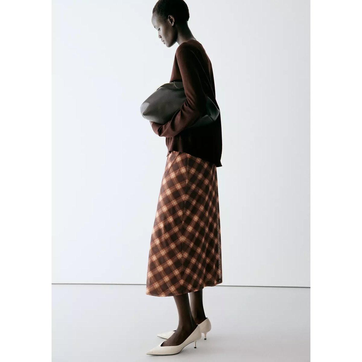 Jupe midi carreaux marron, MANGO