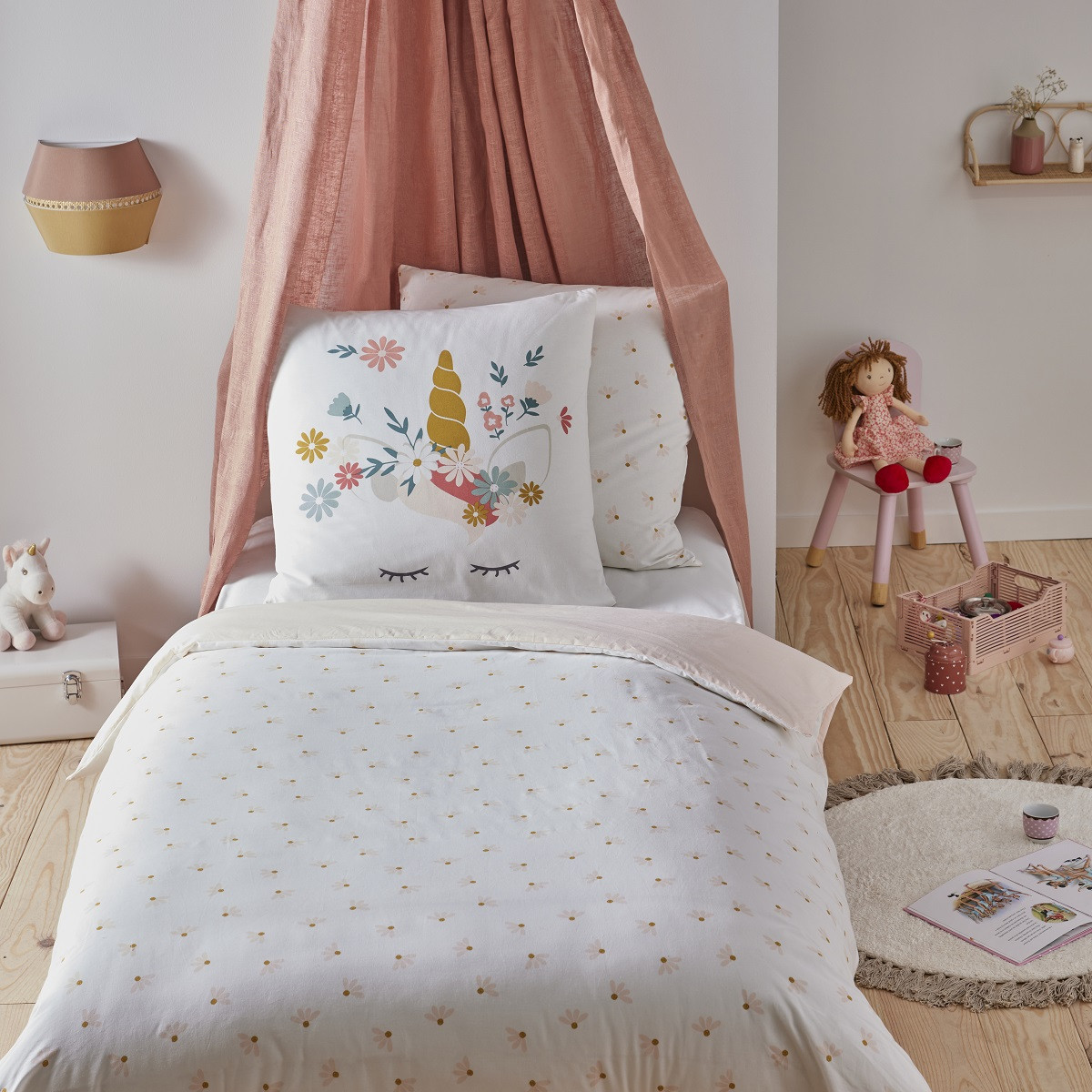Parure de lit enfant en coton imprimé rose Licorne STELLA rose, FUTURE HOME