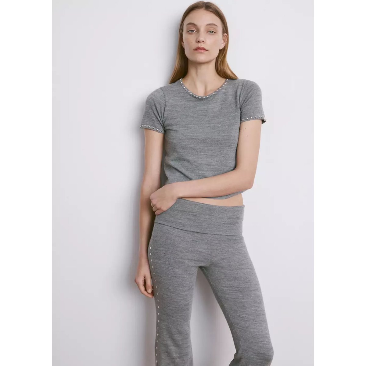 Pantalon en maille clouté gris chiné moyen, MANGO