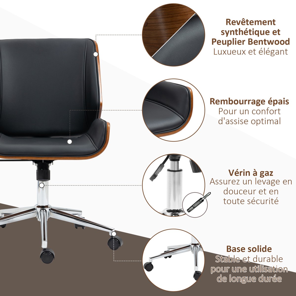 Chaise de bureau Revêtement synthétique PU noir, marron, HOMCOM