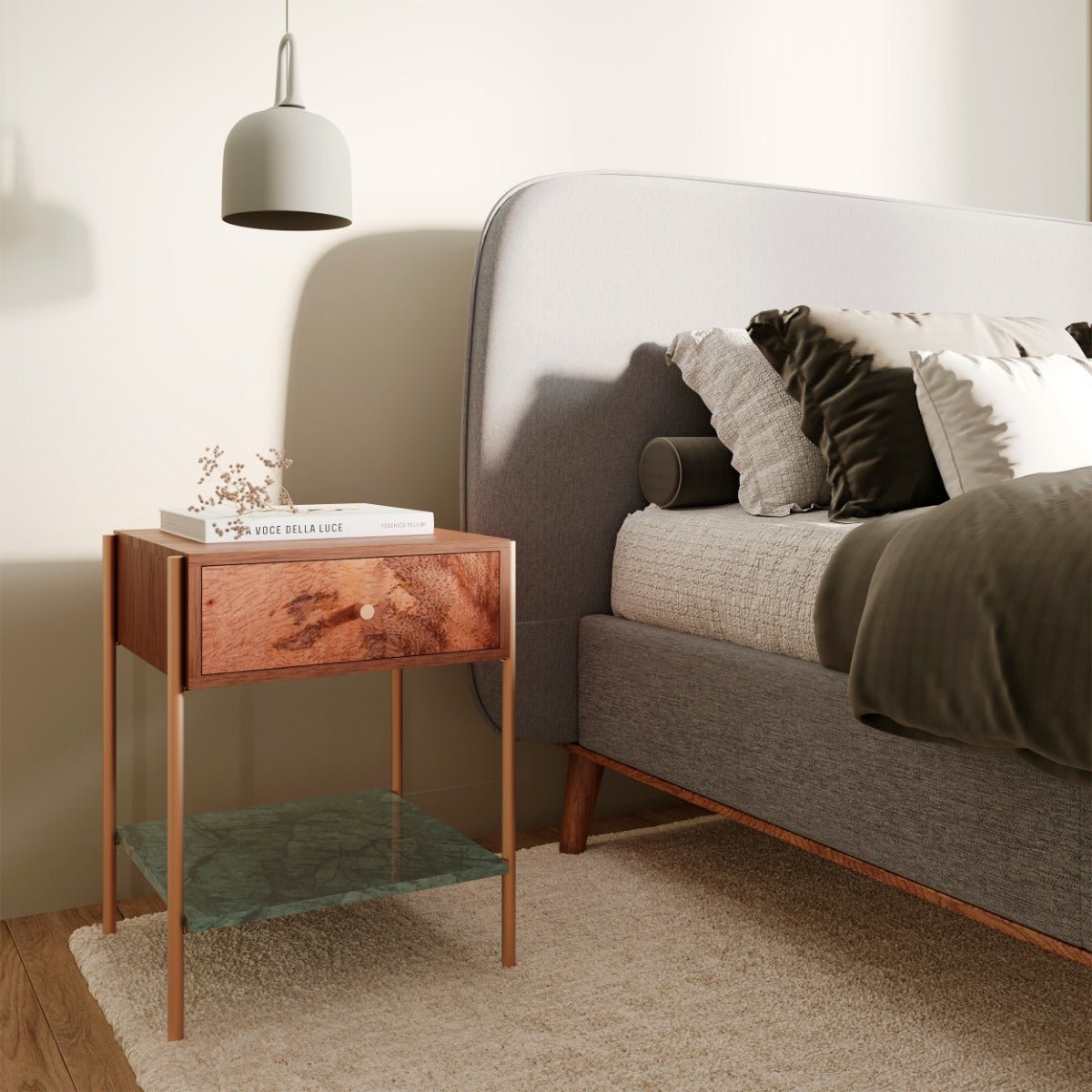 Table de chevet en bois de manguier et marbre - DOORI bois foncé et marbre vert, MAISON PAVANE