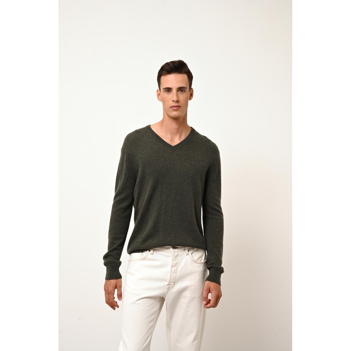 Pull Col V Kaki Chiné Walt kaki chiné, JUST CASHMERE