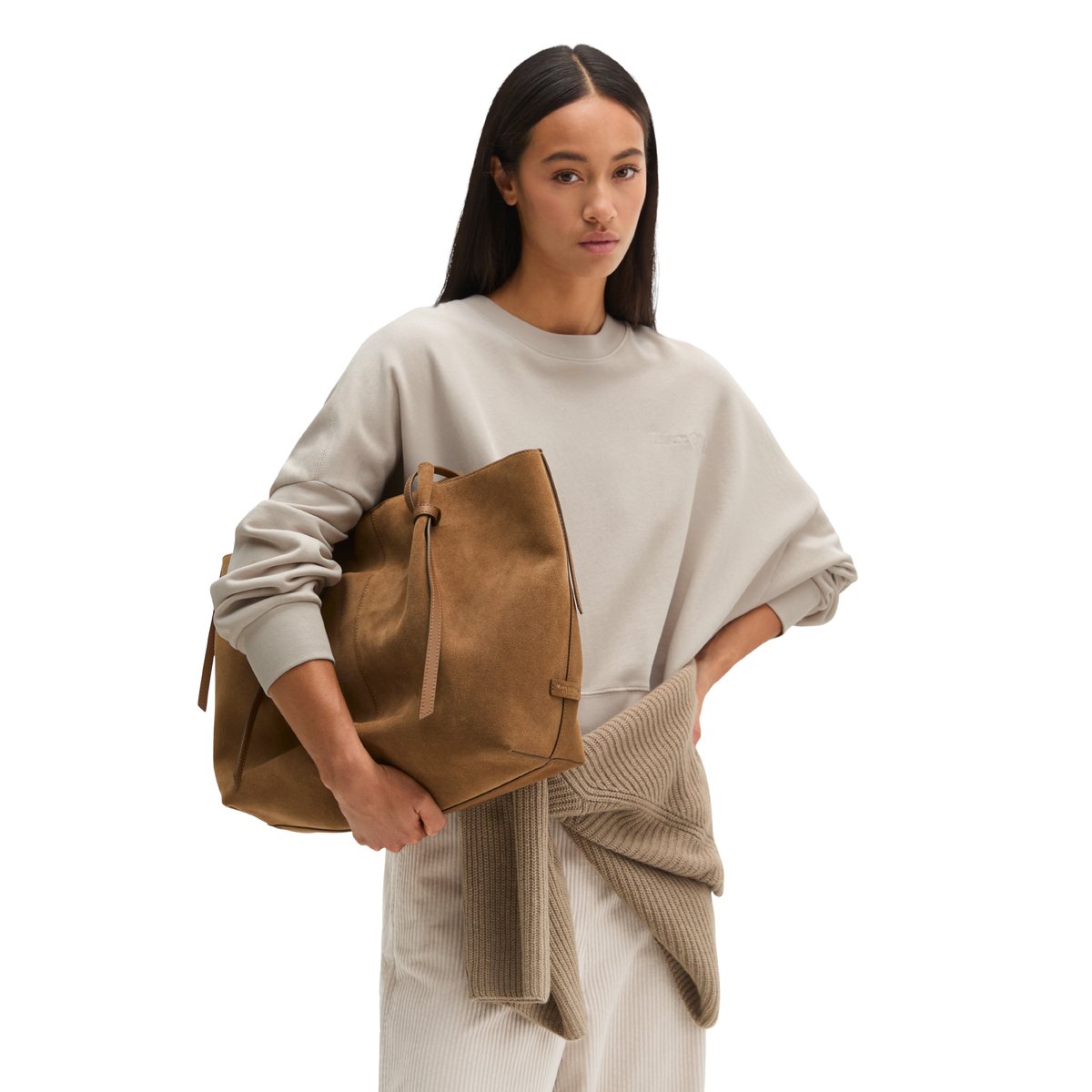 Sac cabas modèle Sili en cuir de vachette velours souple marron, MARC O'POLO