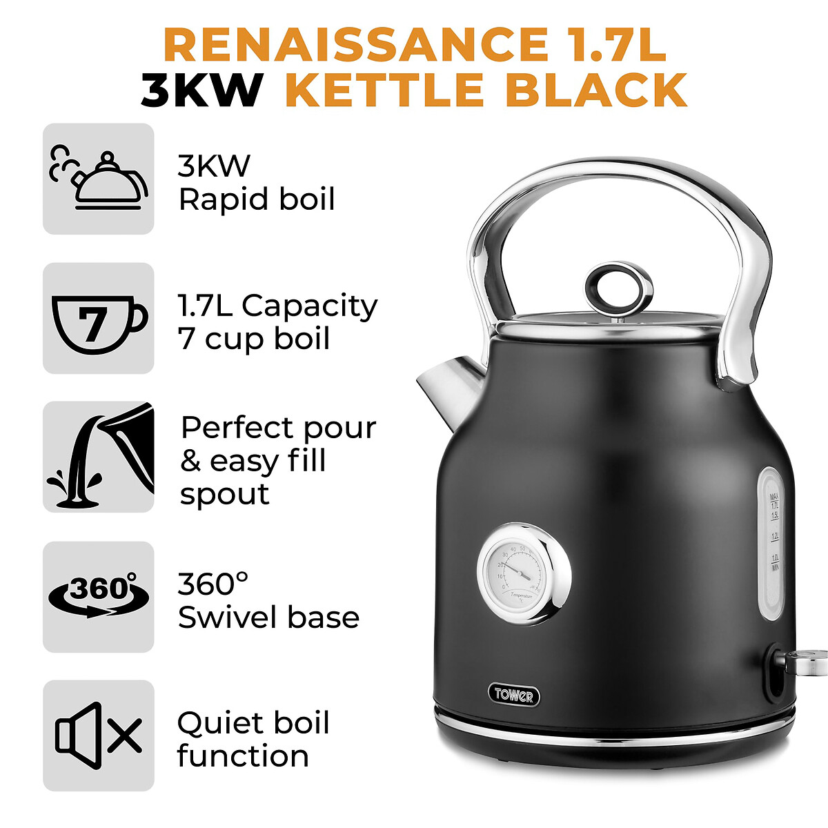 Renaissance 1.7 Litre 3KW Kettle - T10063 black, TOWER
