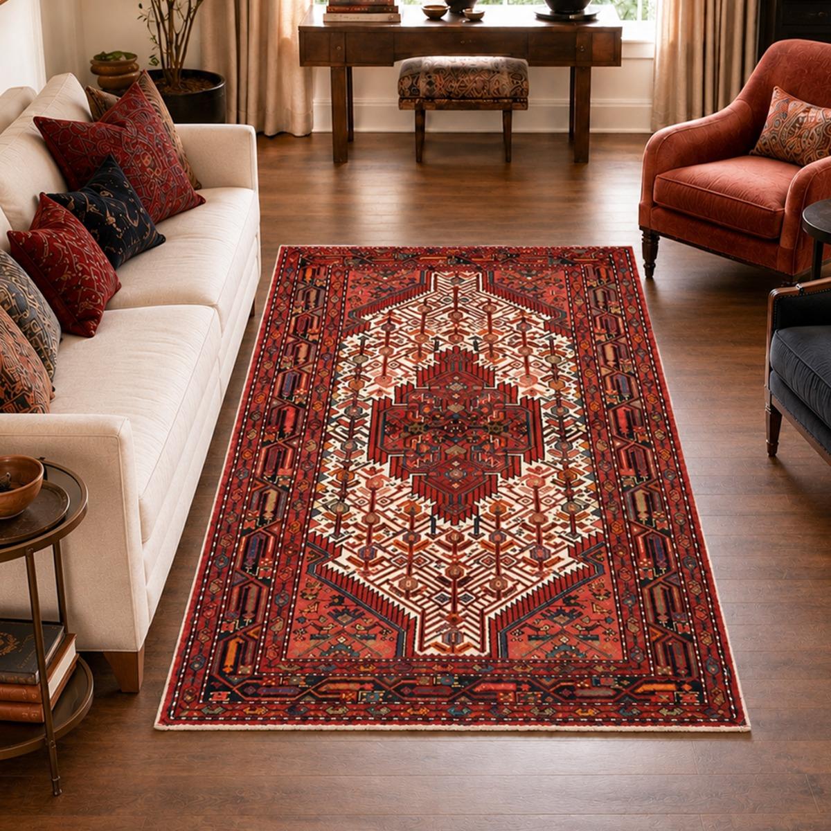 Tapis d'orient, 111 x 175 cm, rouge, bordeaux et crème, artisanal, HAMADAN 24 rouge, bordeaux, crème, UN AMOUR DE TAPIS