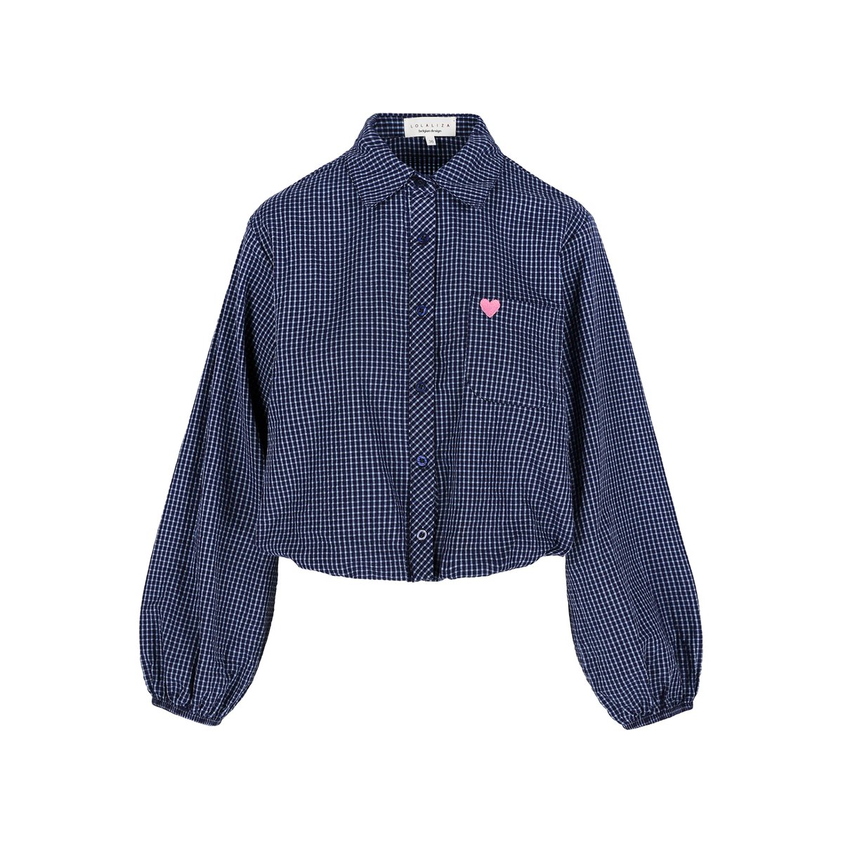 Chemise ballon à carreaux c?ur brodé bleu marine, LOLALIZA