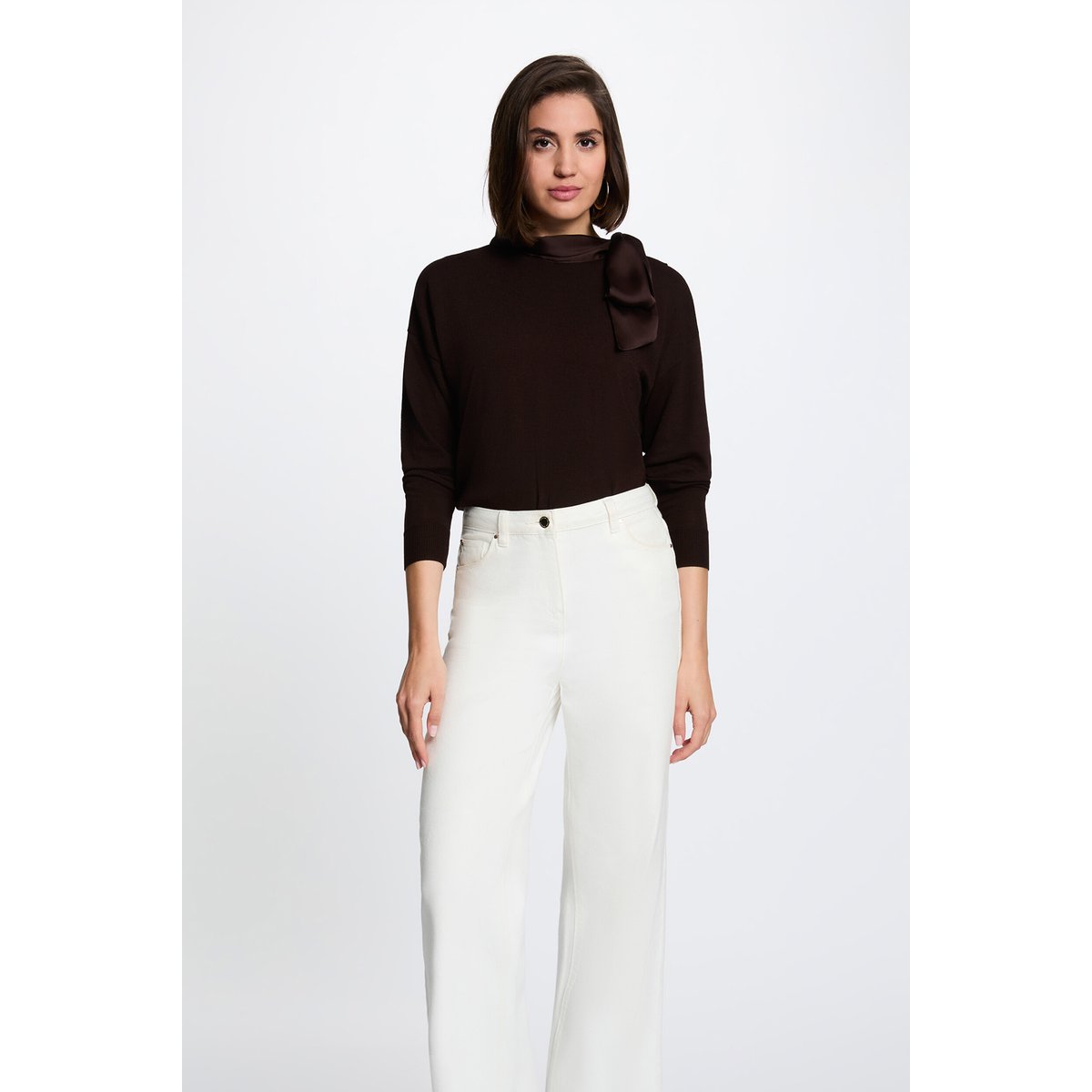 Pull col rond manches longues marron foncé, MORGAN