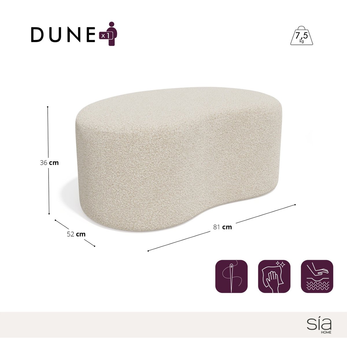 Pouf 80cm en tissu bouclette DUNE taupe, SIA HOME