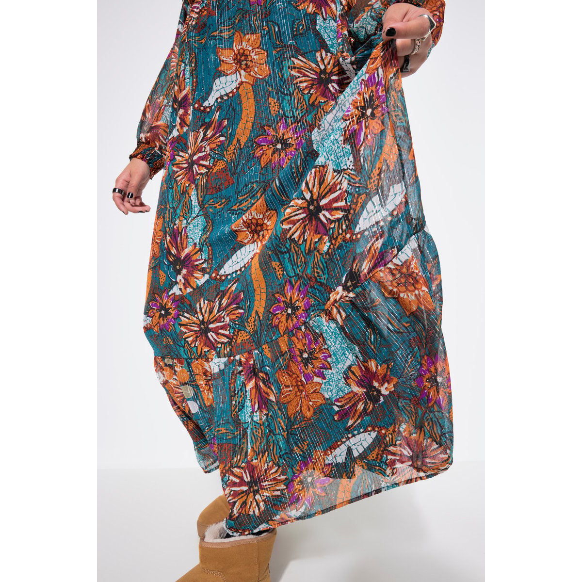Robe maxi, silhouette en A, imprimé floral pétrol, STUDIO UNTOLD