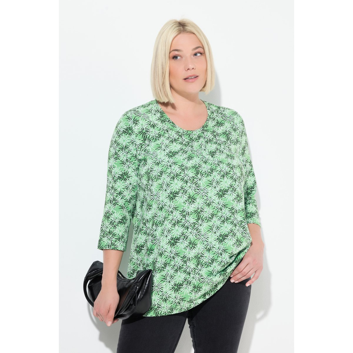 T-shirt à fleurs, col rond et manches 3/4 vert pomme, ULLA POPKEN