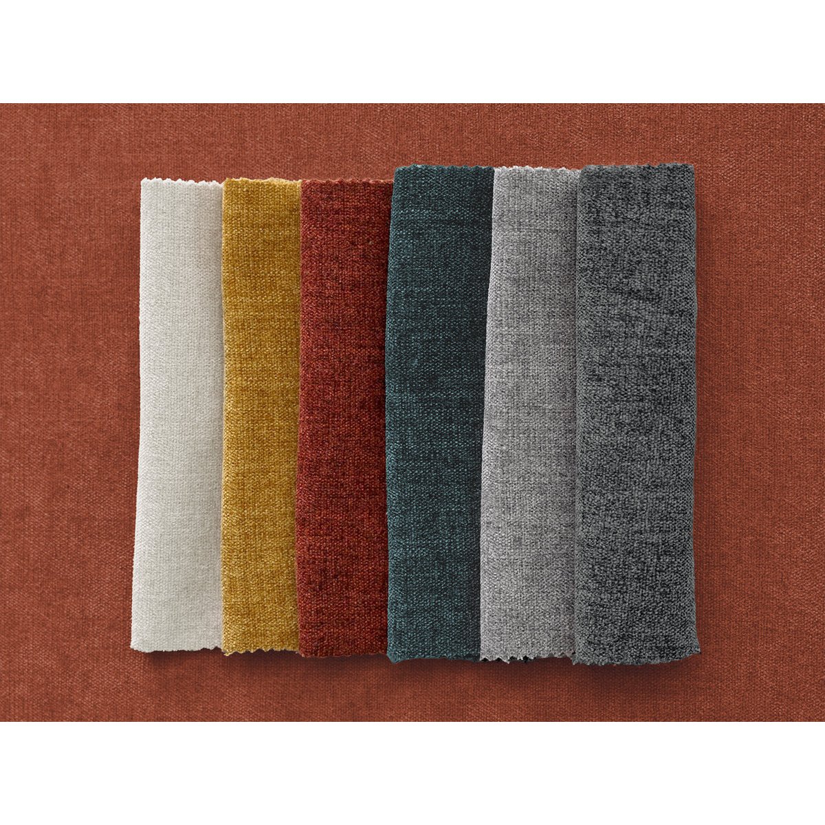 Canapé d'angle fixe 3 places en tissu lisse avec pouf, ENORE rouge, BOBOCHIC