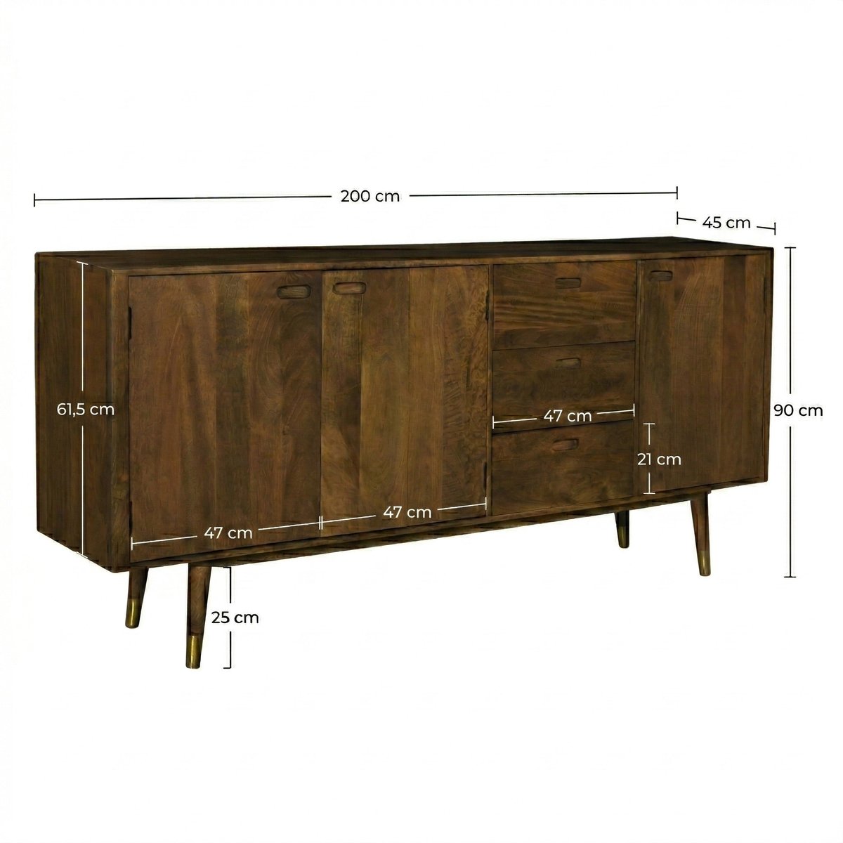 Buffet en bois massif 3 portes 3 tiroirs et - COLOMBO bois foncé et détails dorés, MAISON PAVANE