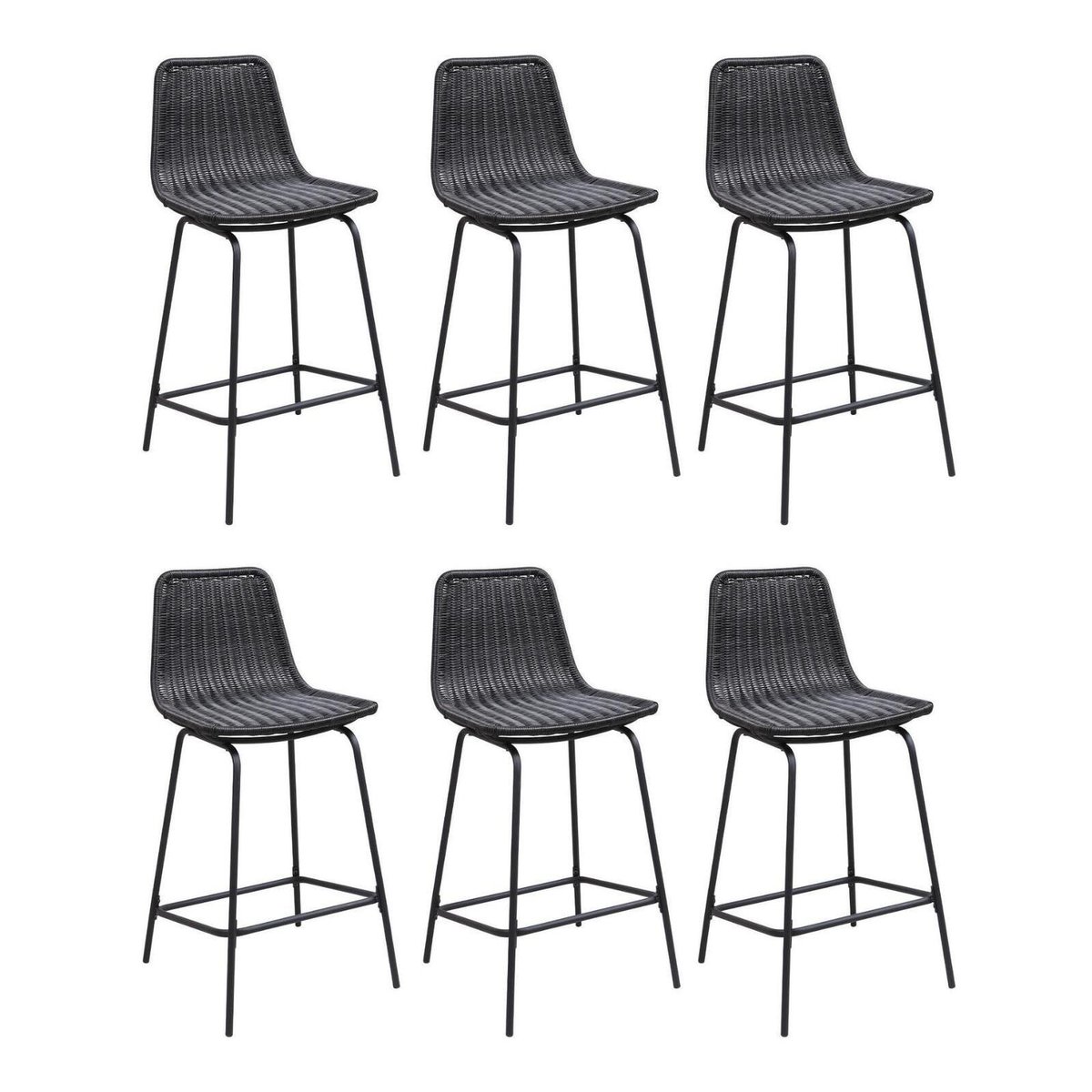 Lot de tabourets d'ilot et bar en métal et assise en rotin 65cm BALI|Lot de 6 | Lot de 6 noir, MOB IN