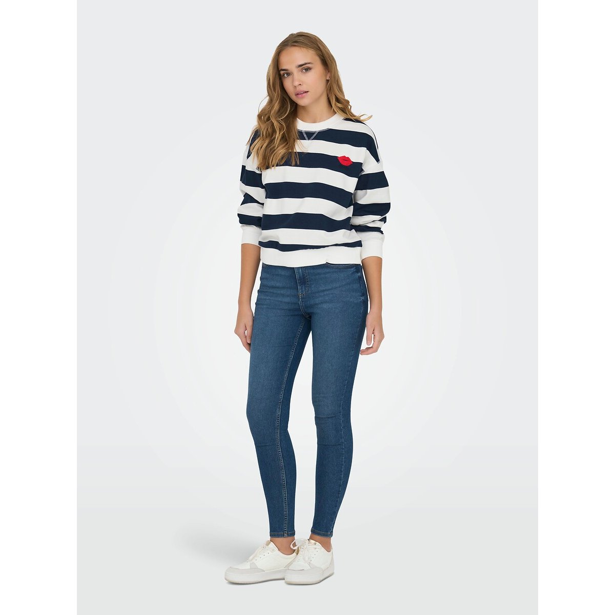 Sweat col rond rayé blanc/bleu, ONLY