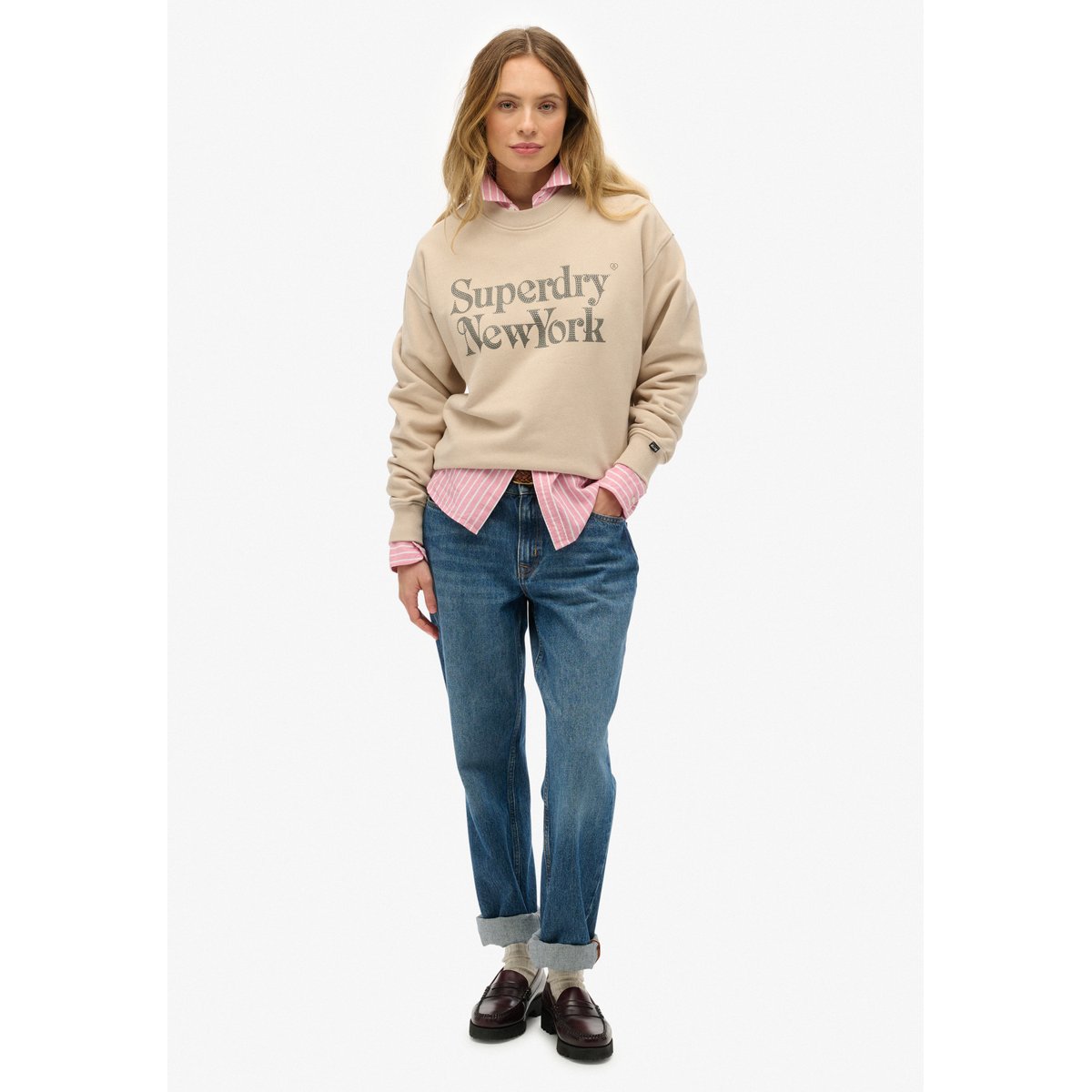 Sweatshirt Ample Col Rond Brand Mark gris cassé, SUPERDRY