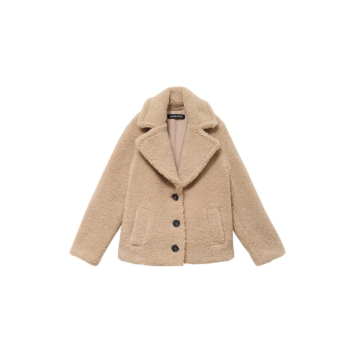 Manteau droit bouclettes col tailleur beige, CACHE CACHE