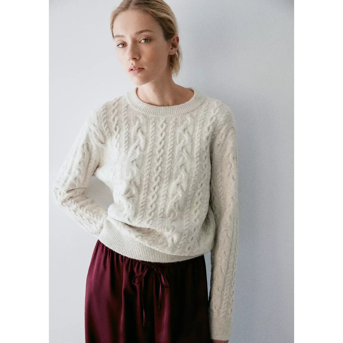Pull-over maille tressée ivoire, MANGO
