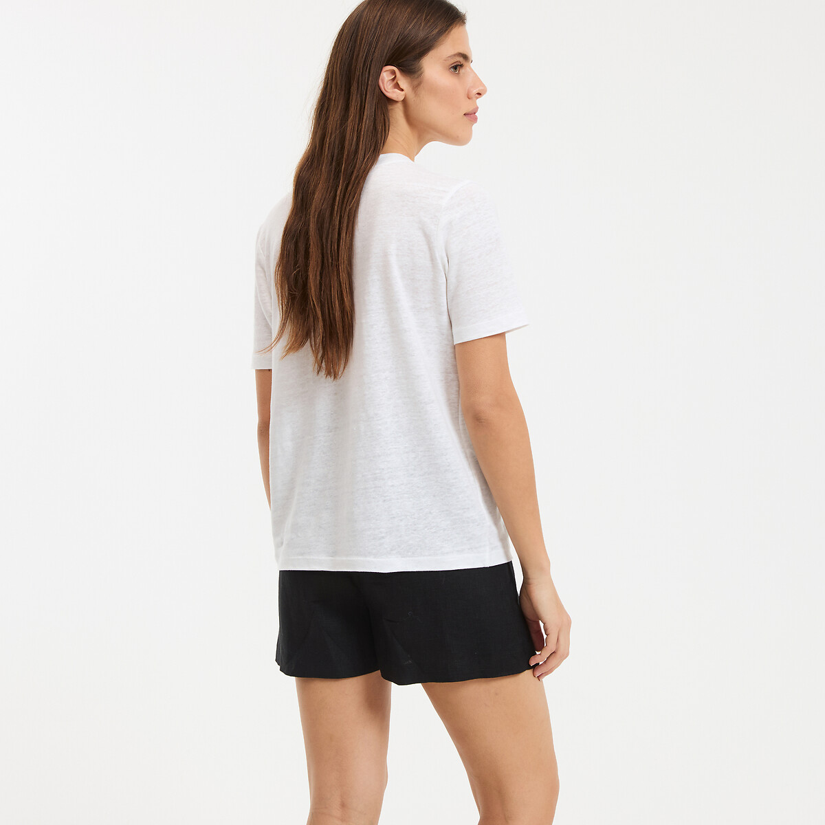 T-shirt en lin, col V, manches courtes blanc, LA REDOUTE COLLECTIONS