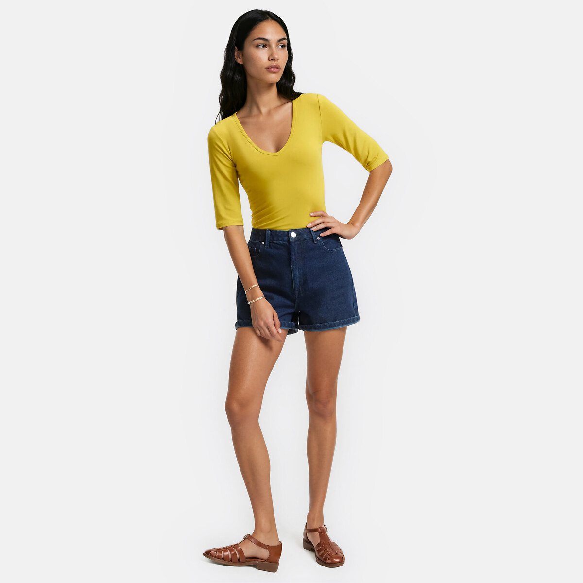 T-shirt scollo a V a maniche corte verde bronzo, LA REDOUTE COLLECTIONS