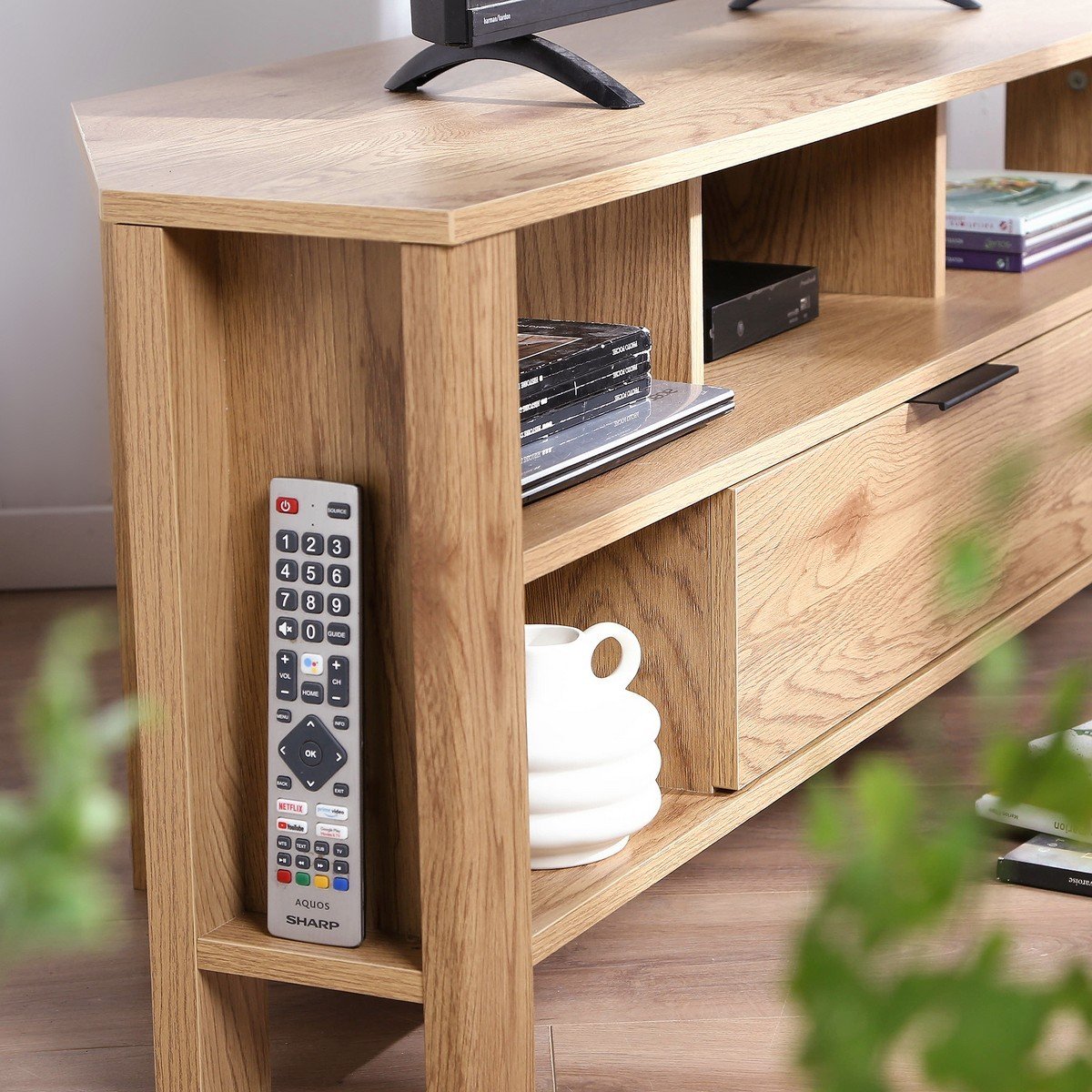 Meuble TV d'Angle 1 Tiroir Décor Chêne - L120 cm bois clair, CALICOSY