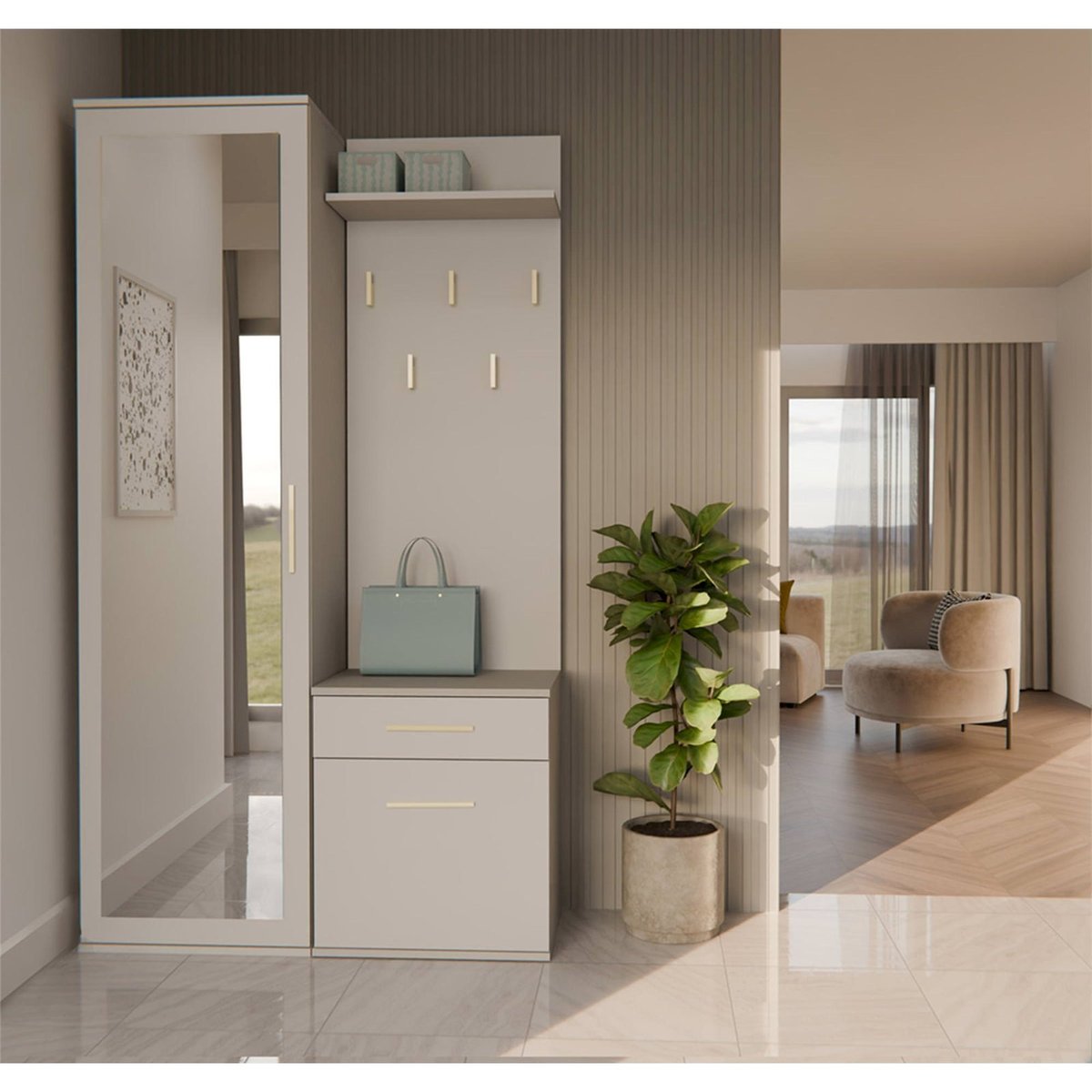 Vestiaire d'entrée avec armoire et miroir cachemire, RECOLLECTION