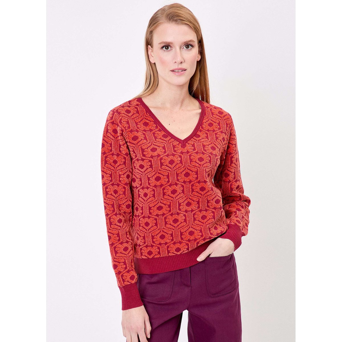 Pull col V maille jacquard ELIODO orange, PRINCESSE NOMADE