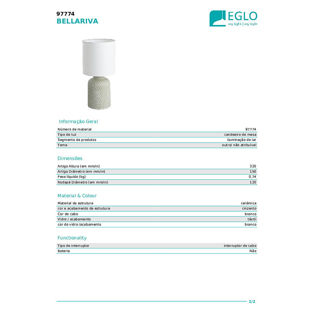 Candeeiro de mesa Bellariva, EGLO cinza branco, EGLO