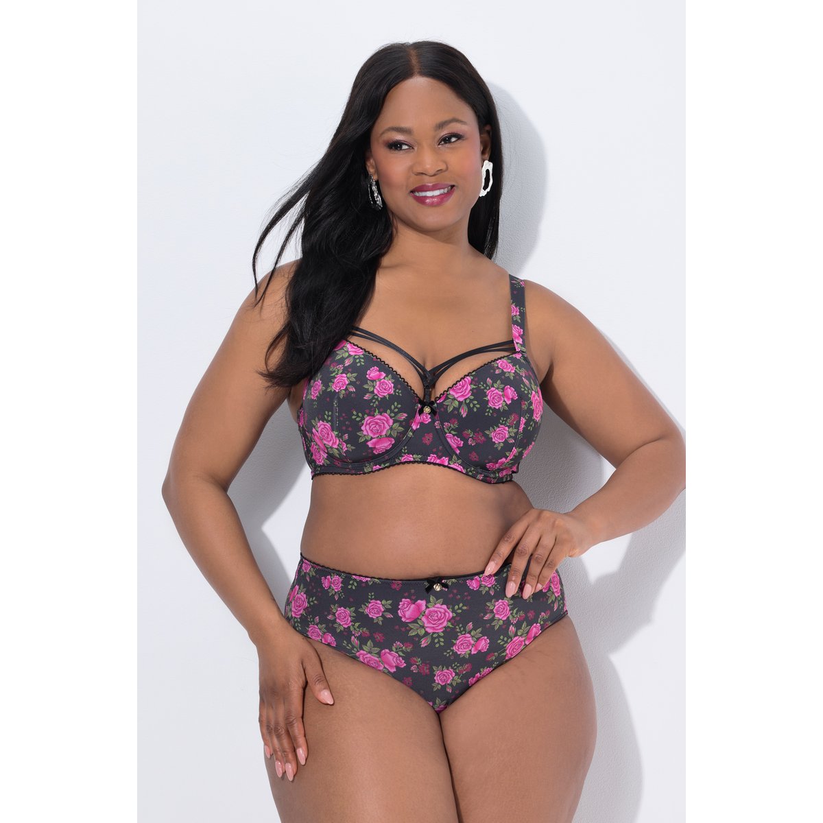 Culotte midi TruYou, mesh et motif roses noir, ULLA POPKEN