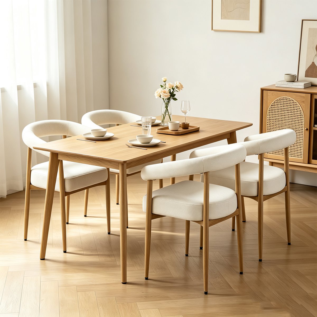 Lot de 4 fauteuils de salle à manger modernes en tissu chenille, HUGG blanc, MEUBLES COSY