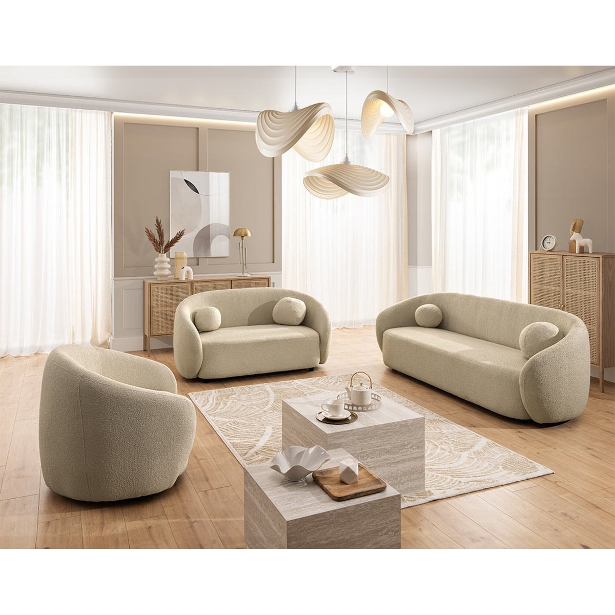 Flore - Canapé droit 2 places en tissu bouclette taupe, LISA DESIGN