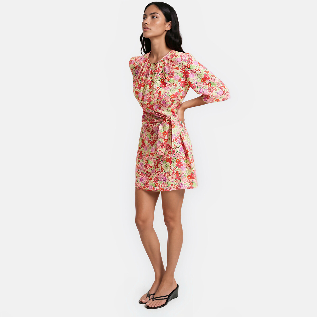 Robe courte manches courtes imprimé floral, à nouer imprimé fleurs rouge, LA REDOUTE COLLECTIONS