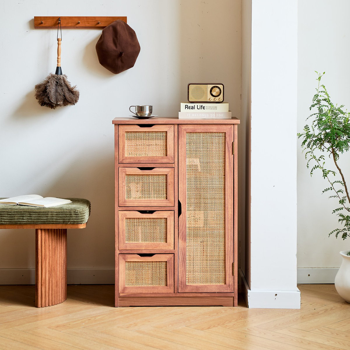 Buffet meuble de rangement, bois de noyer et rotin, KIEL marron, NORDLYS