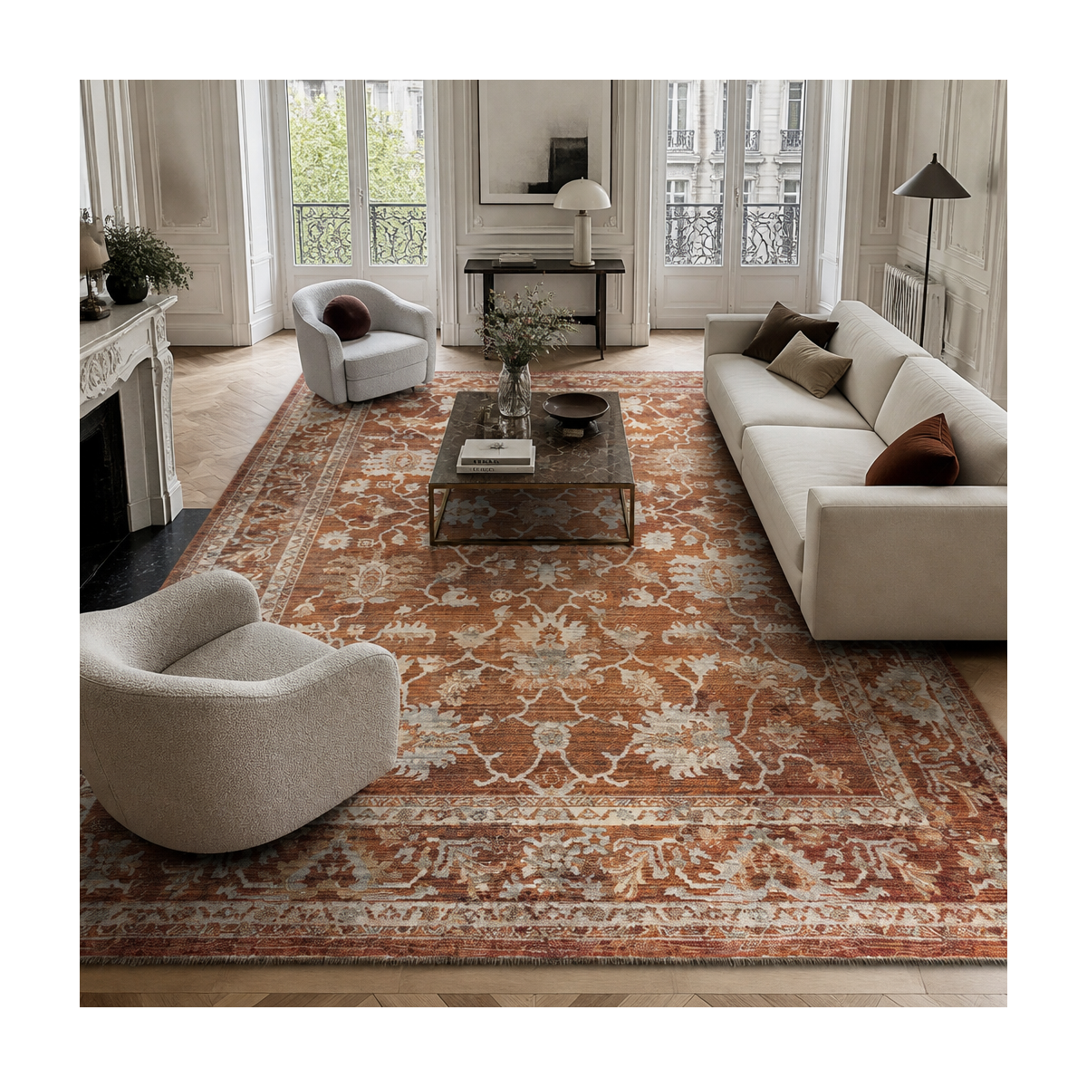 Tapis d'orient, motif oriental raffiné, tissé, poils ras marron, beige, gris, UN AMOUR DE TAPIS