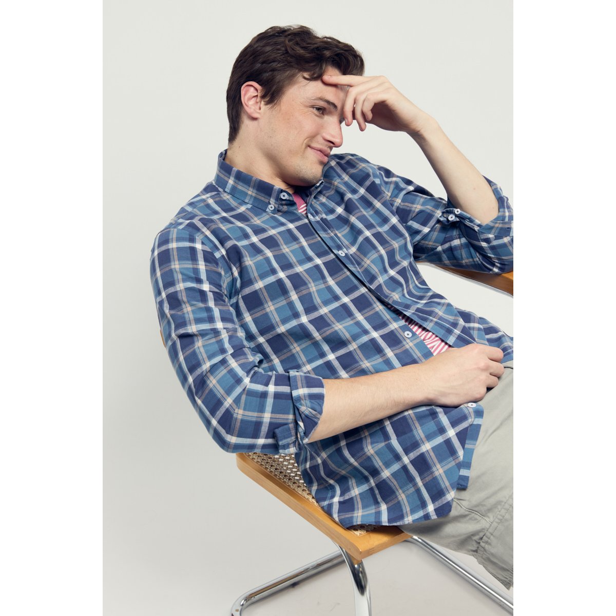 Chemise coupe droite en coton et lin carreau marine/obscur, ARMOR-LUX