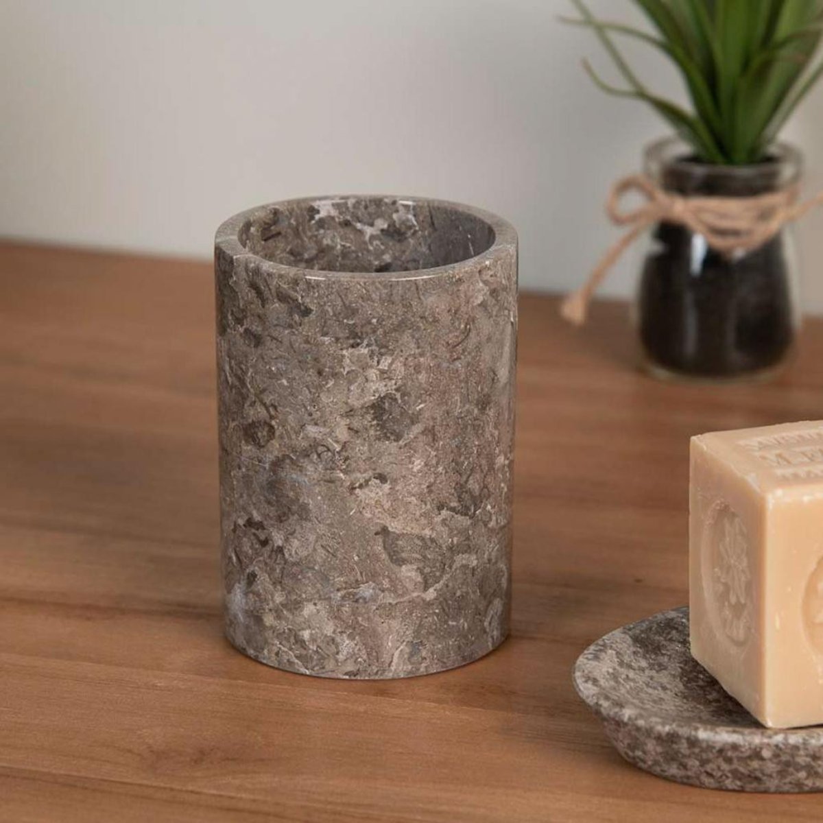 Ensemble porte savon gobelet en marbre gris, WANDA COLLECTION